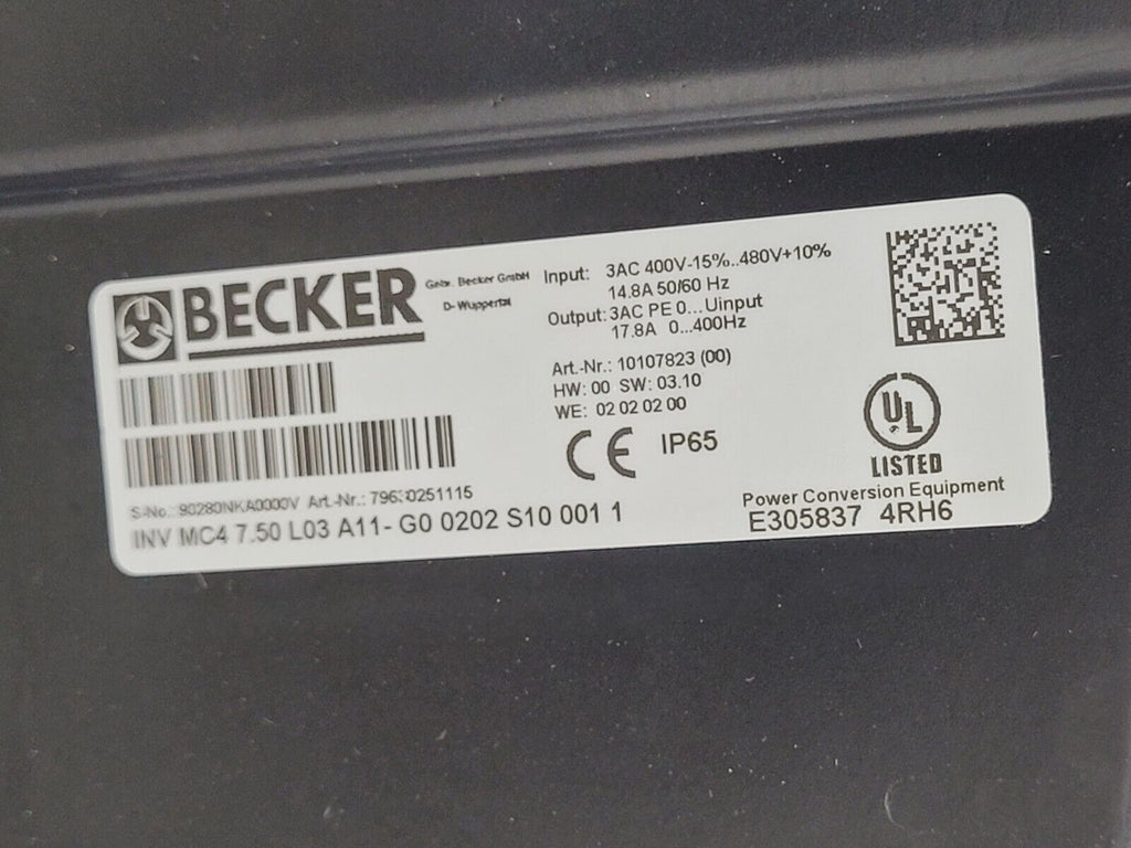 Becker SV 300/1 Regenerative Blower Vacuum Pump 10HP INV-MC4-7.50 Inverter Drive