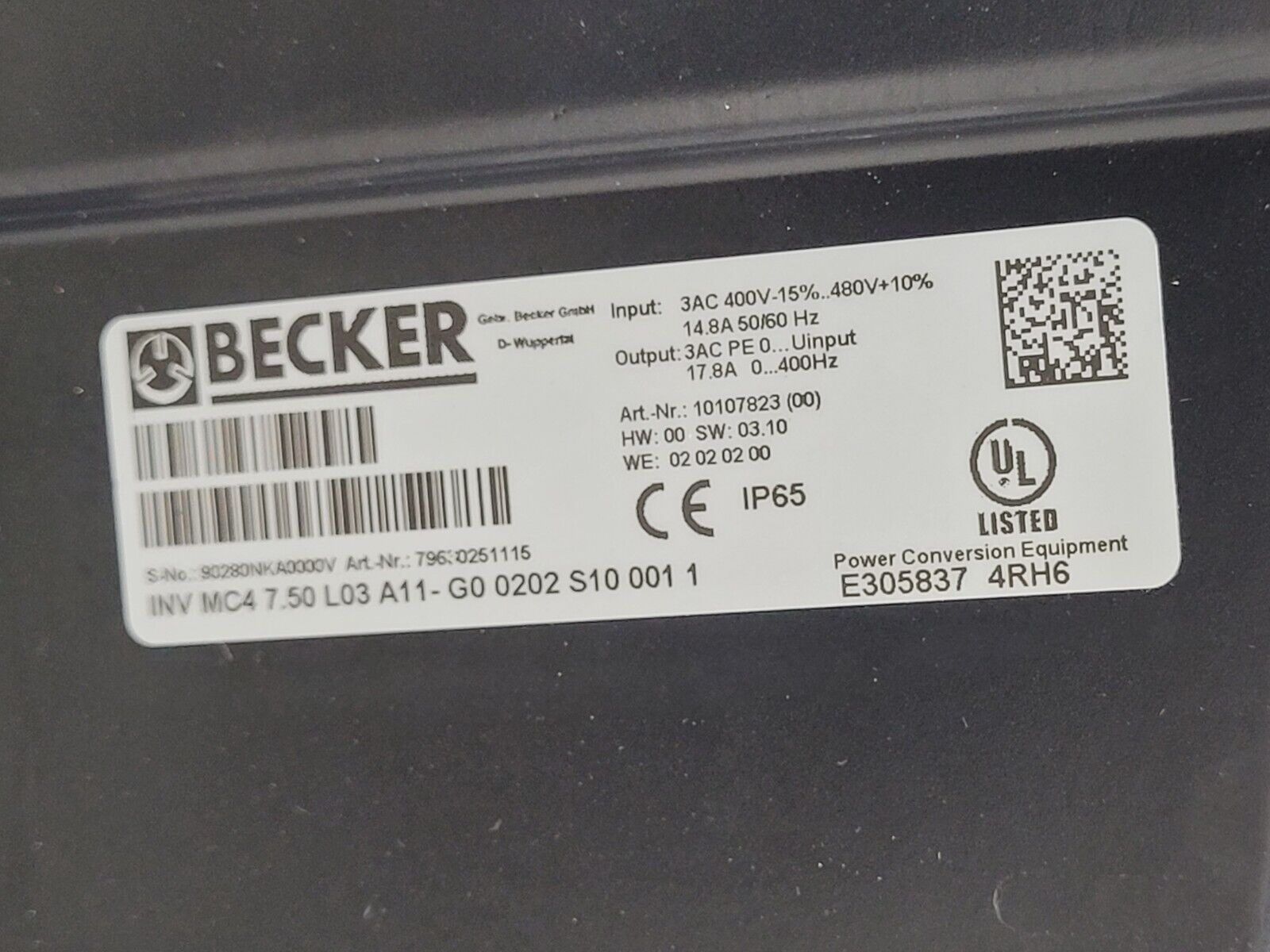 Becker SV 300/1 Regenerative Blower Vacuum Pump 10HP INV-MC4-7.50 Inverter Drive