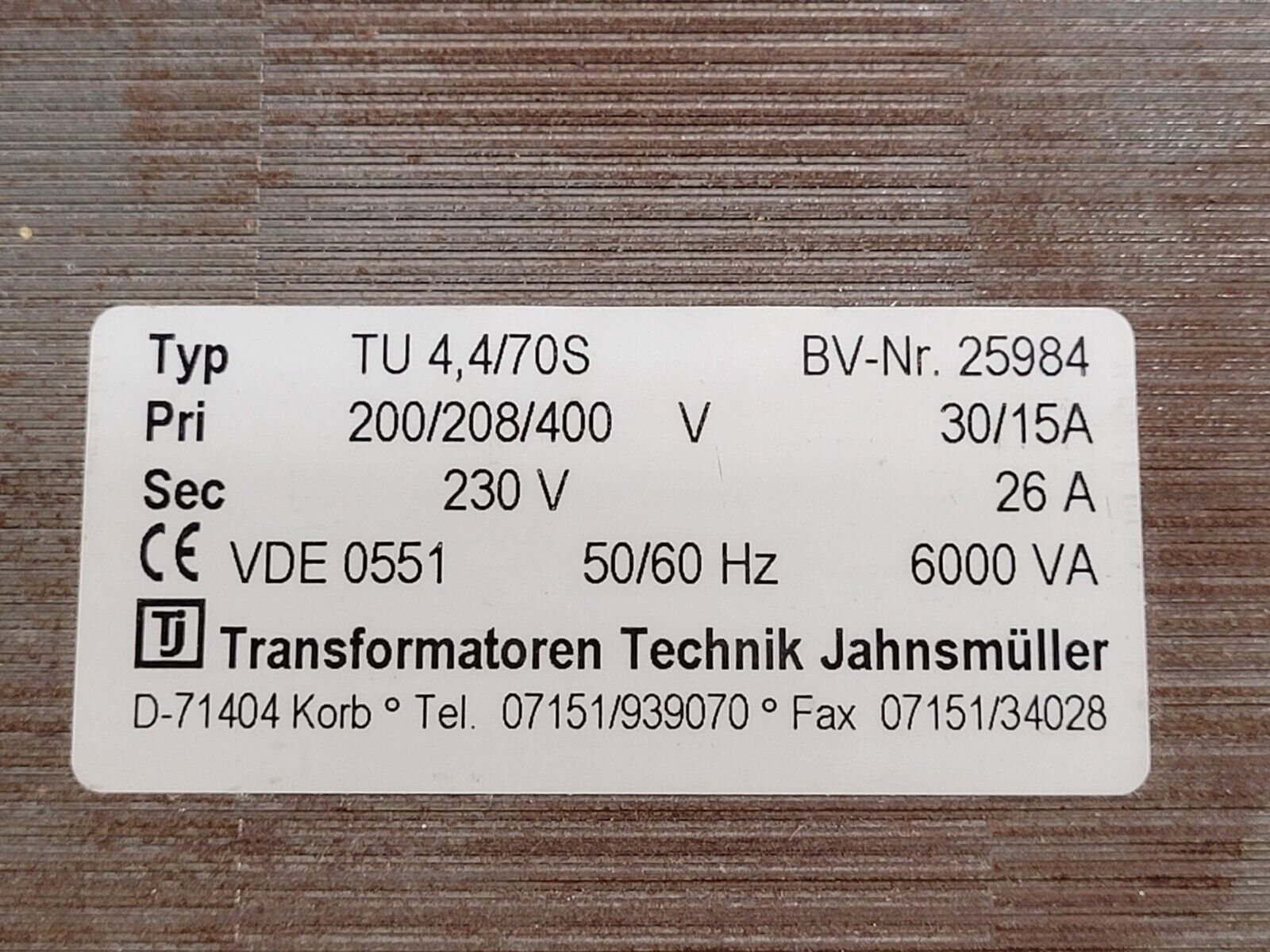 Transformatoren Technik Jahnsmuller TU 4.4/70S Transformer 200/208V/400VP 230VS