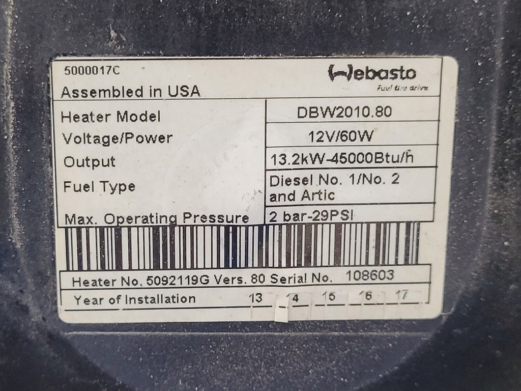 Webasto Arctic Fox DBW2010.80 Diesel Heater 13.2kW 12 Volt 60W With Cover B6