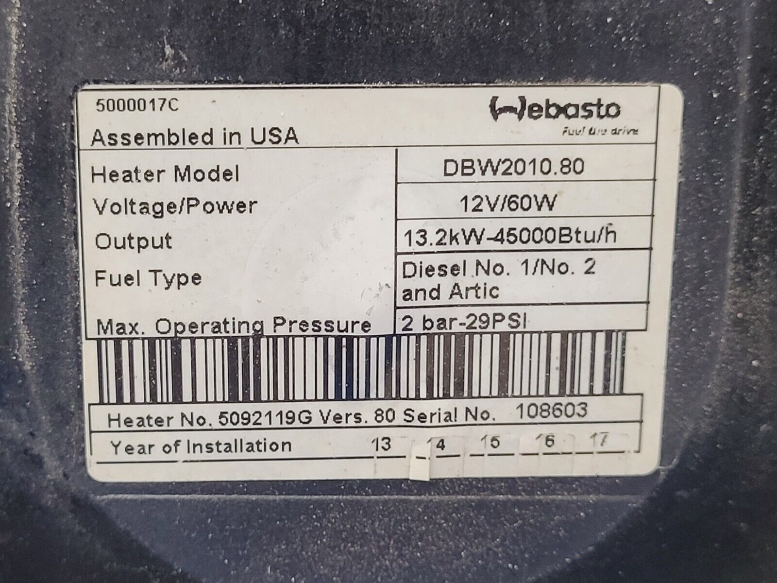 Webasto Arctic Fox DBW2010.80 Diesel Heater 13.2kW 12 Volt 60W With Cover B6