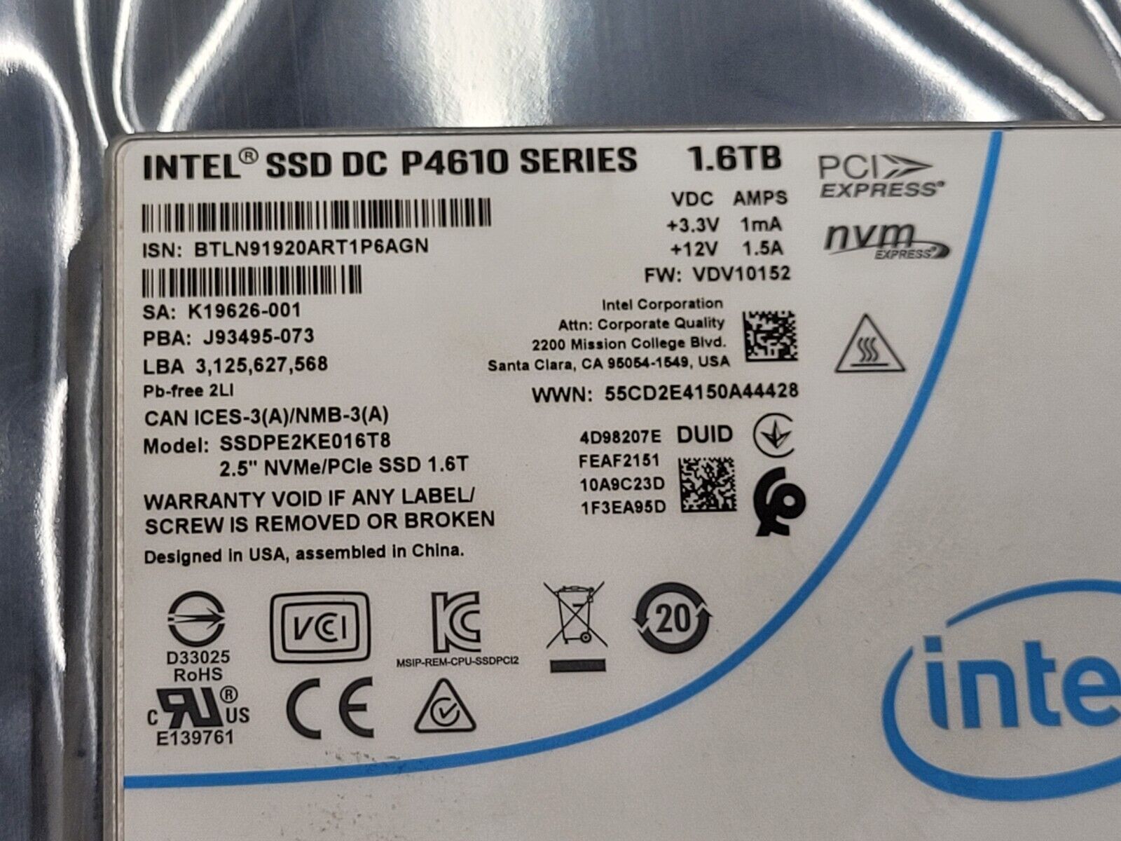 98-99% Health INTEL DC P4610 1.6TB PCIe NVMe U.2 2.5'' SSD SSDPE2KE016T8