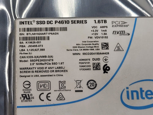 98-99% Health INTEL DC P4610 1.6TB PCIe NVMe U.2 2.5'' SSD SSDPE2KE016T8