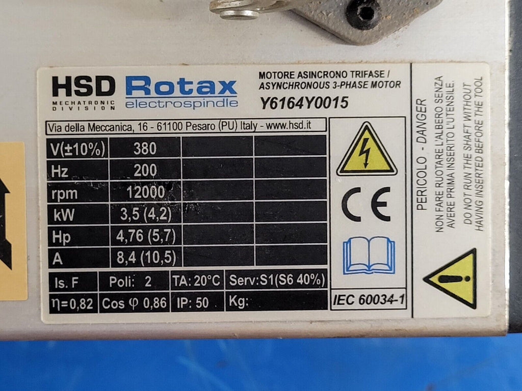 HSD Rotax Spindle Motor Y6164Y0015 12000 rpm Polymac Akron 440 Spins Smooth