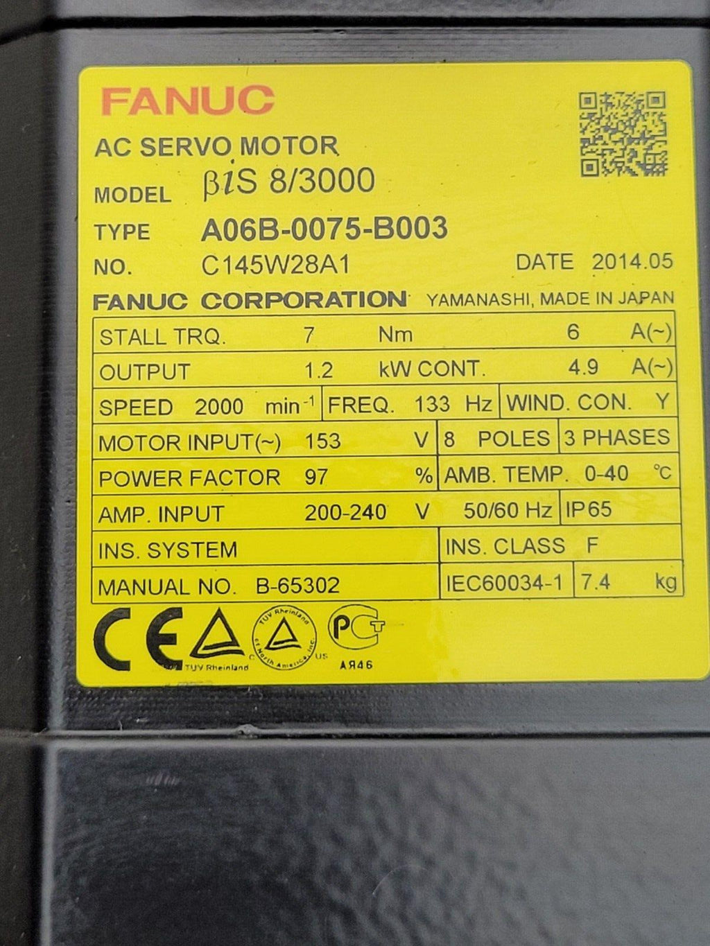 Fanuc A06B-0075-B003 AC Servo Motor 1.2kw 2000rpm Encoder A860-2020-T301 BiA128