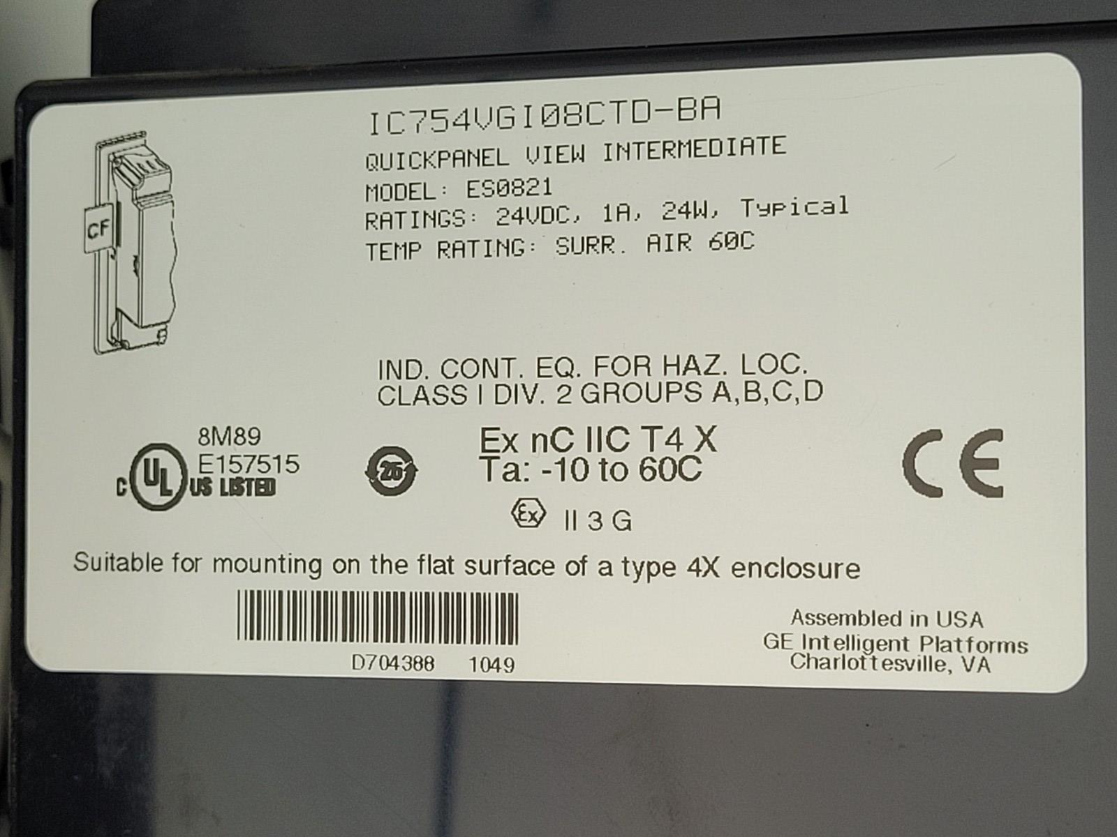 GE FANUC IC754VG108CTD ES0821 8" BA Touch Panel ES0821 Quickpanel View