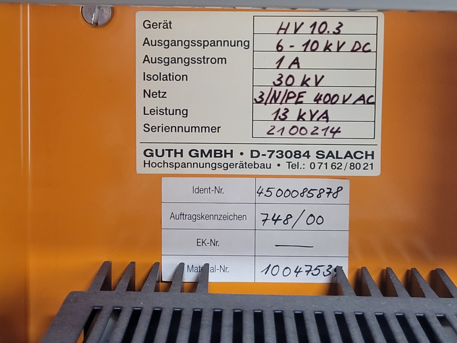 GUTH GMBH High Voltage Power Supply HV 10.3 6-10kV DC Output 1A 400VAC 3PH In #2