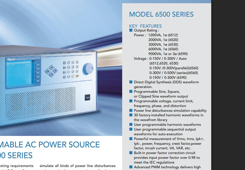Chroma 6560 Programmable AC Power Supply 6000VA 1PH Output 0-150V 0-300V 0-500V