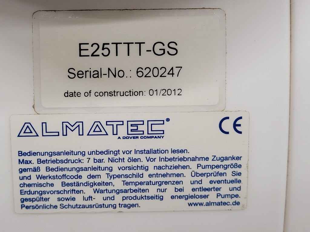 Almatec E25TTT-GS Air Powered High Purity Chemical Diaphragm AODD Pump PTFE
