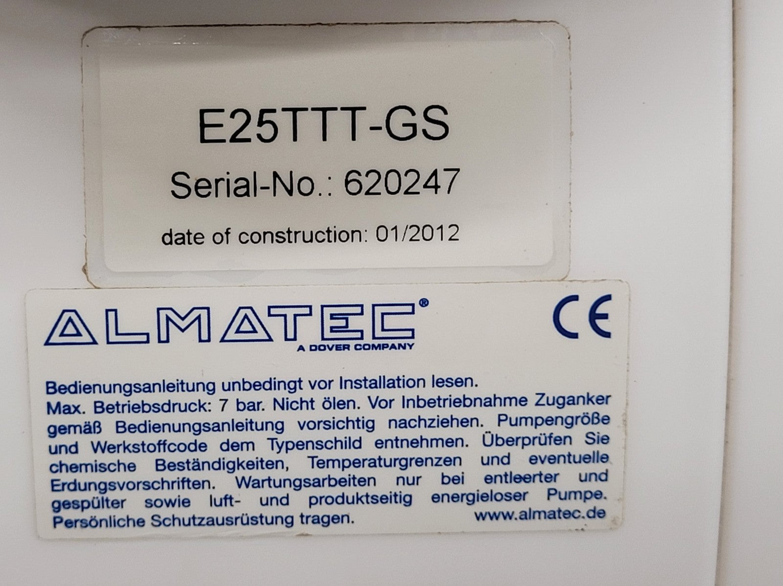 Almatec E25TTT-GS Air Powered High Purity Chemical Diaphragm AODD Pump PTFE