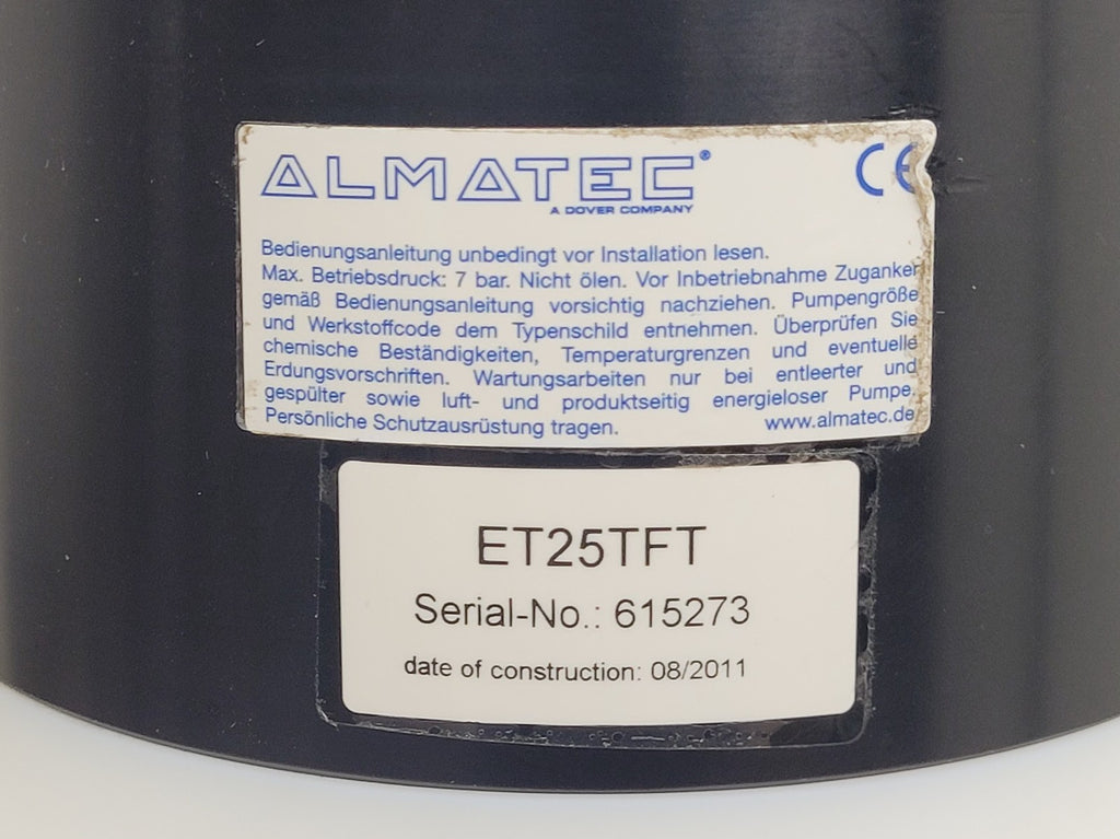 Almatec E25TTT-GS Air Powered High Purity Chemical Diaphragm AODD Pump PTFE