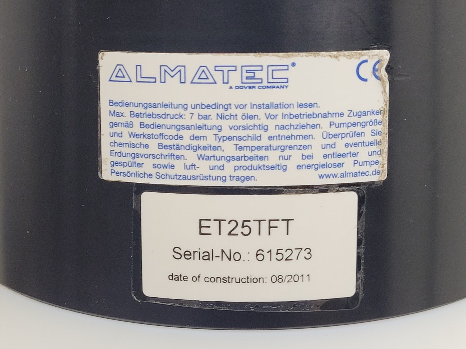 Almatec E25TTT-GS Air Powered High Purity Chemical Diaphragm AODD Pump PTFE