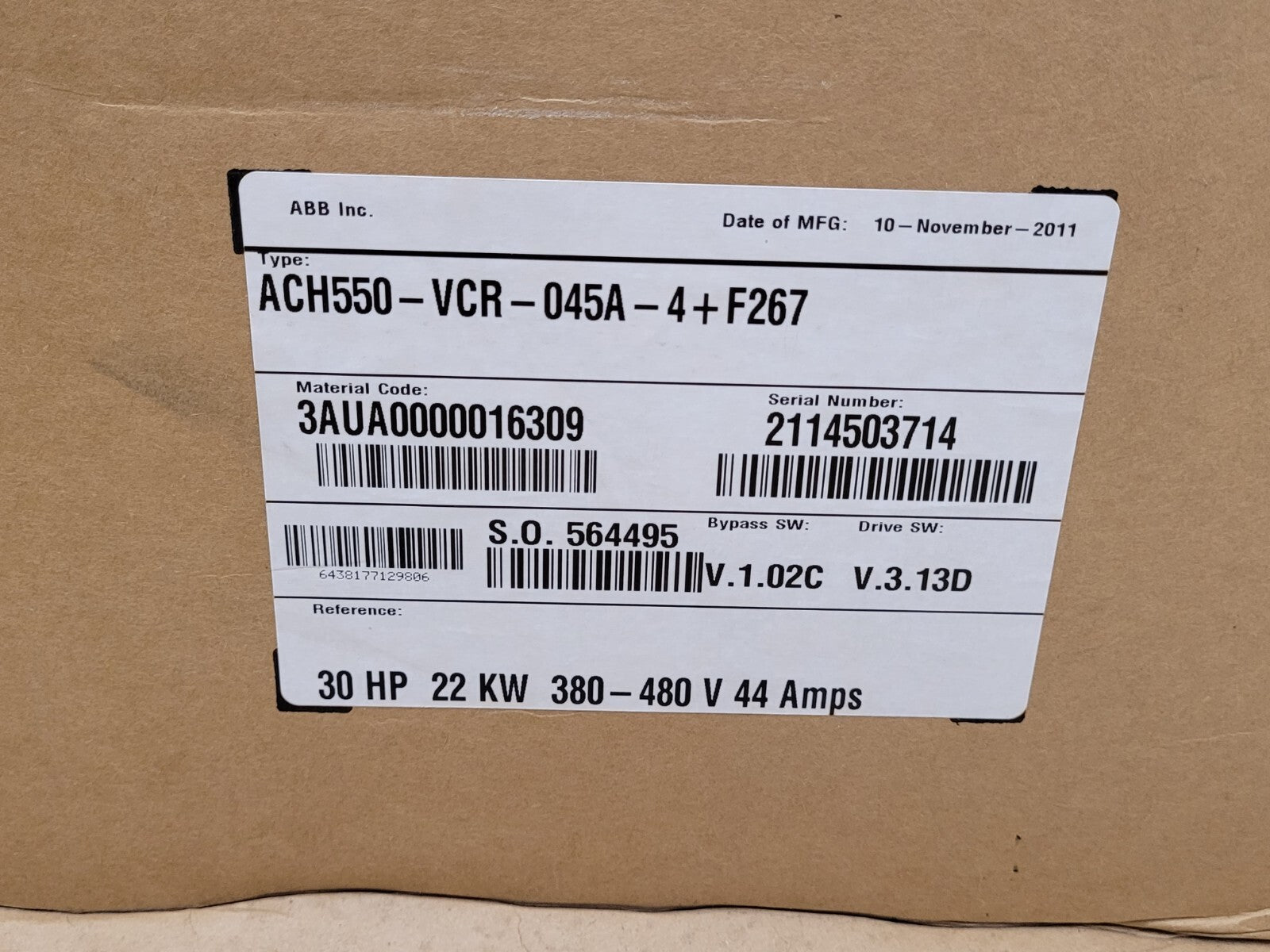 ACH550-VCR-045A-4+F267 ABB 30HP 380-480VAC 44 AMPS Driver/bypass Control Unit