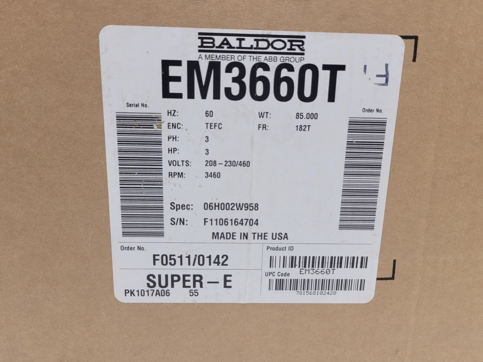 BALDOR EM3660T General Purpose Motor 3 hp 3,460 rpm