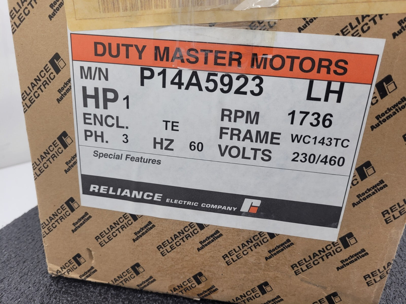 Reliance Electric Motor P14A5923 1HP 1736 RPM Brake Motor 230/460V/60HZ +encoder