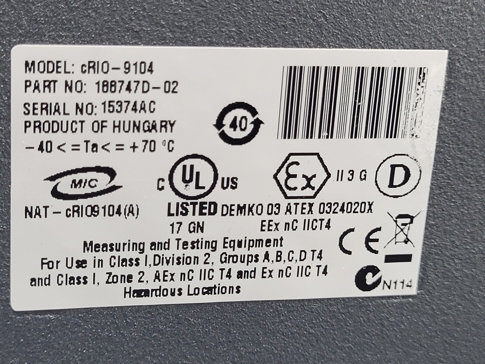 National Instruments NI cRIO-9104 8-Slot FPGA Chassis 188747D-02 Working Pull
