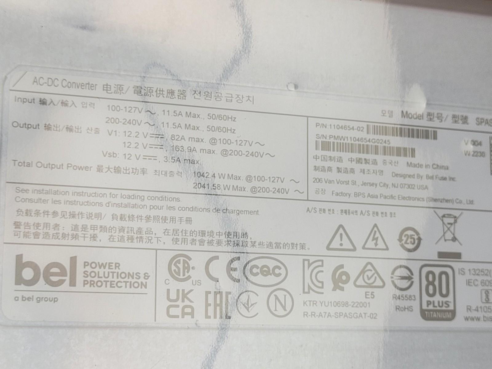 BEL Power Solutions 1104654-02 SPASGAT-02 Redundant Server Power Supply Hot Swap
