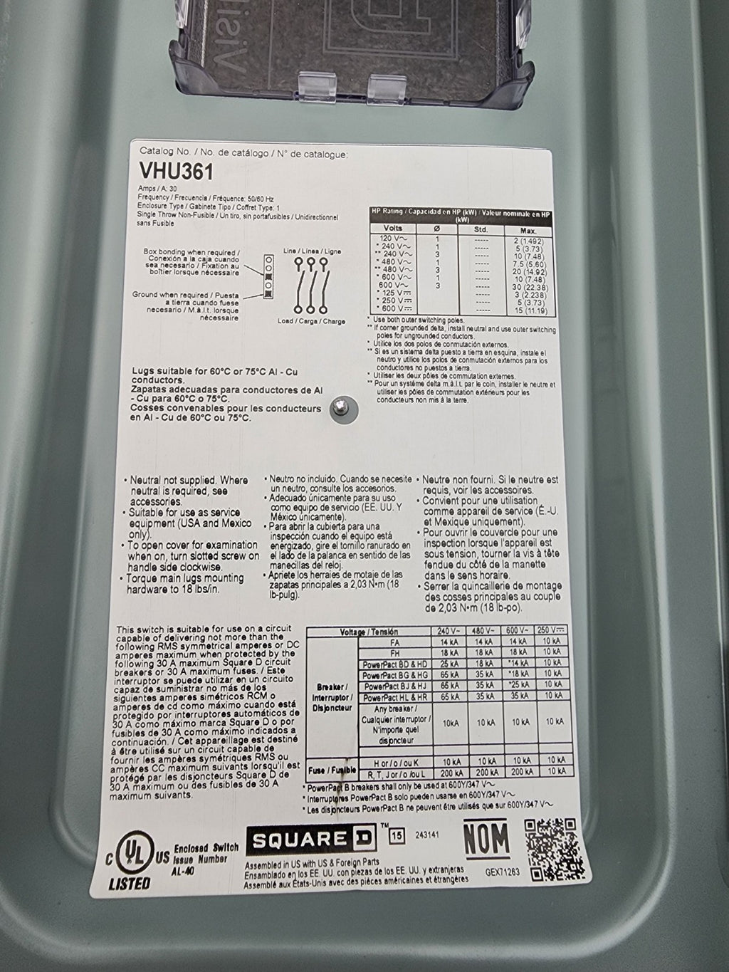 Schneider Electric VHU361 30A 600V Heavy Duty Safety Switch VisiPacT Square D