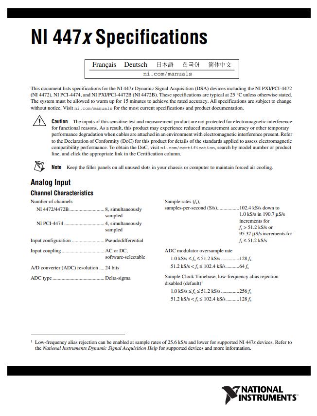 National Instruments 189545C-01 NI 4474 PCI 4-Input Sound and Vibration Device