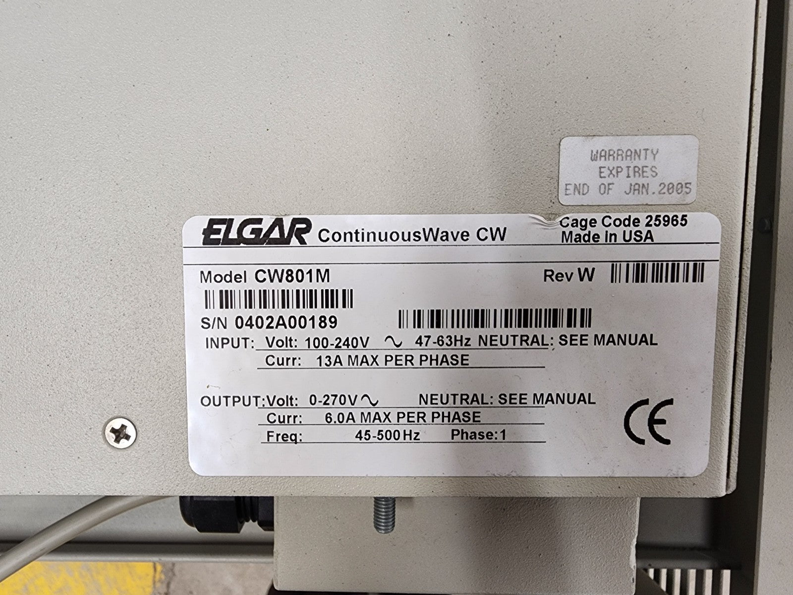 Elgar ContinuousWave CW CW801M 0-270VAC 6A 45-500Hz 1PH Output AC Power Source