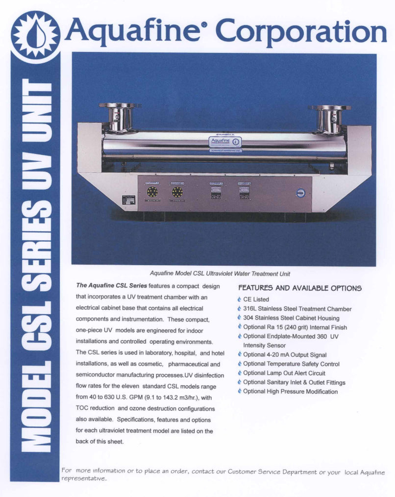Aquafine Ultraviolet Water Treatment Disinfection Sanitary CSL-6R No Bulbs