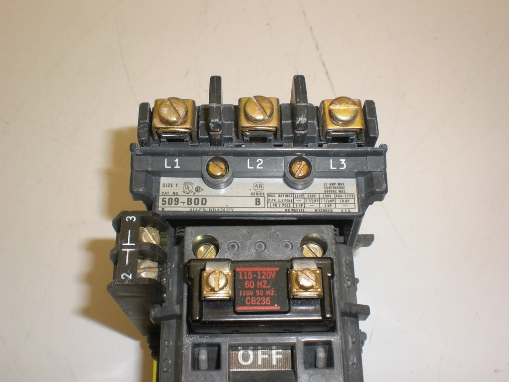 Allen Bradley 509-BOD Contactor 120VAC Coil 592-B0W16 Overload Relay 595-A Aux