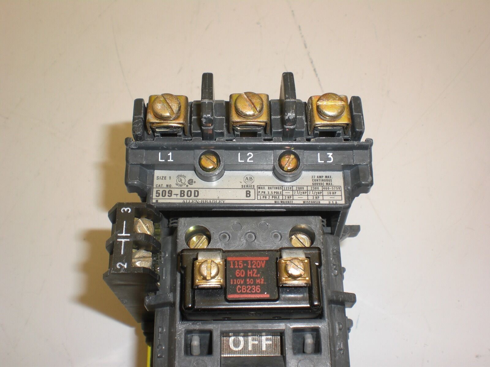 Allen Bradley 509-BOD Contactor 120VAC Coil 592-B0W16 Overload Relay 595-A Aux