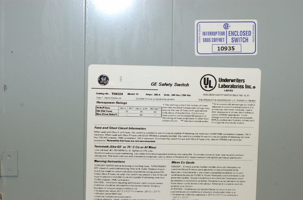 GE General Electric TH4324 Safety Switch, 240VAC/250VDC, 1PH/3PH, 200A