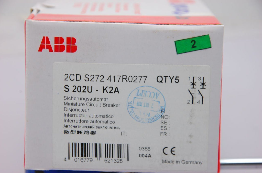 ABB Circuit Breaker S202U-K2A 2-Pole 2A DIN Mount - Box of 5