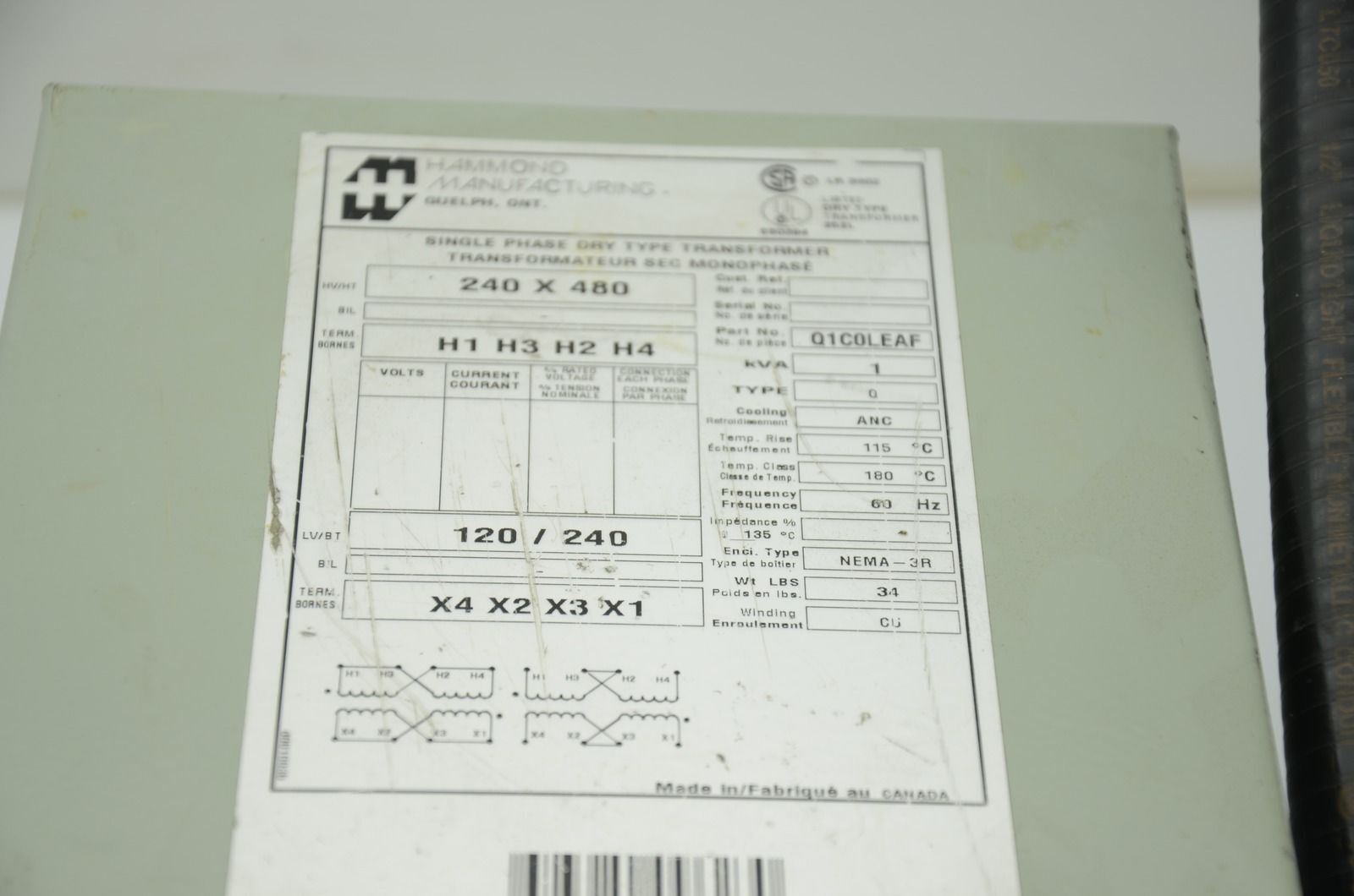 Hammond Manufacturing Q1C0LEAF 1 kVA Transformer, 240 x 480, Single Phase