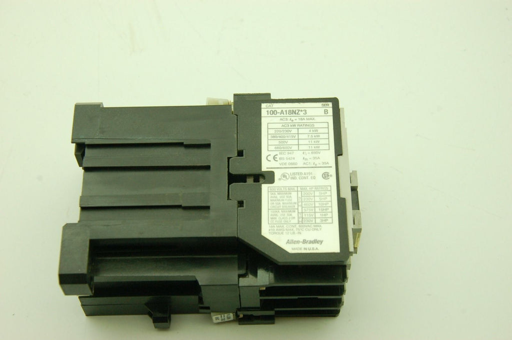 Allen Bradley 100-A18NZ 3 Ser. B Contactor 24VDC coil 230V 3HP 1PH 230V 5HP 3PH