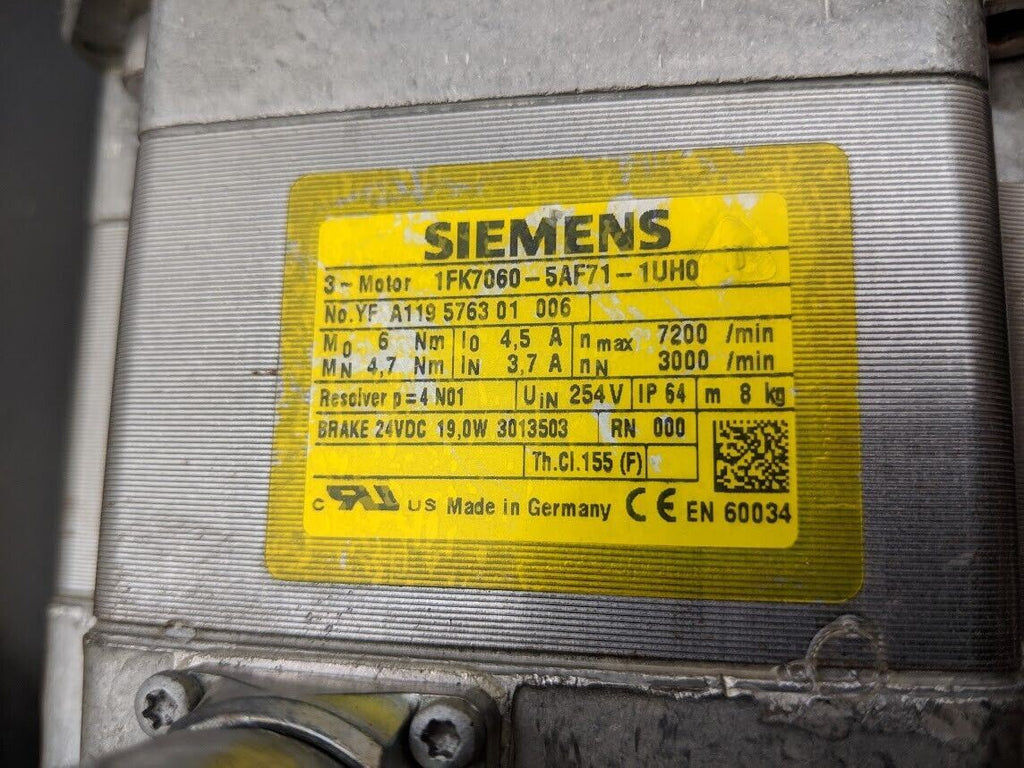 Siemens 1FK7060-5AF71-1UH0 Servo Motor 90°Alpha Angled Gearhead 3:1 Ratio Cables