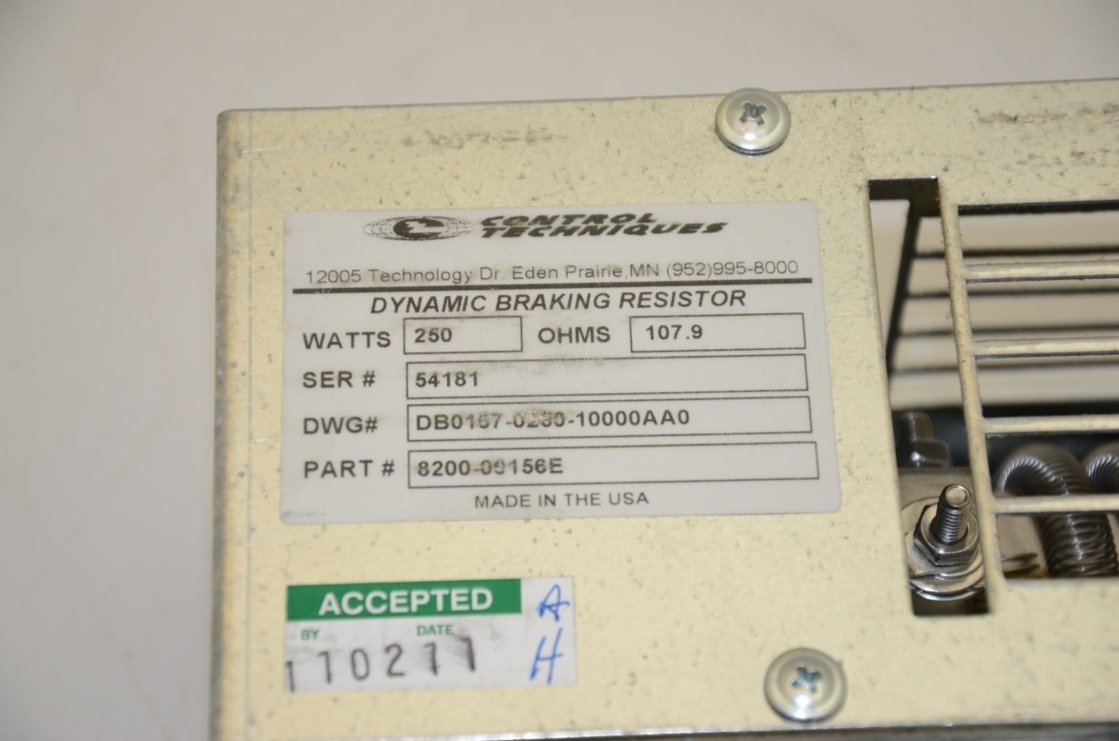 CONTROL TECHNIQUES 8200-00156E, Dynamic Braking Resistor - NEW