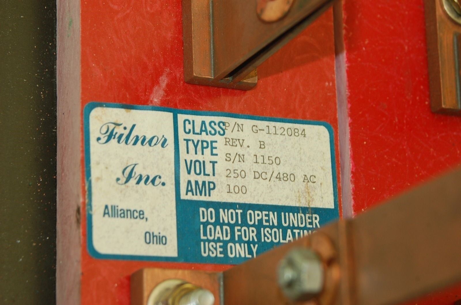 Filnor Knife Switch, G-112084, Double Unit with cover, 250VDC/480VAC, 100A