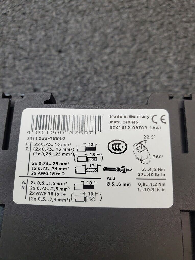 Siemens 3RT1033-1BB40 Contactor 230-600V 4 Pole 24VDC Coil 1/3PH DIN 5HP 10HP