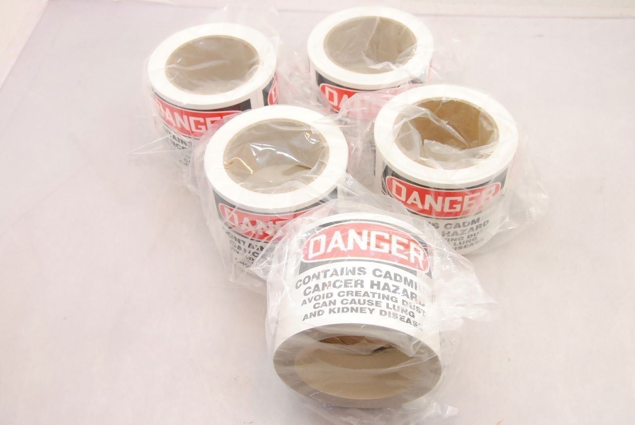 Cadium Vinyl 3.5" x 5" Warning Labels Warning Contains Cadmium Cancer Hazard NEW