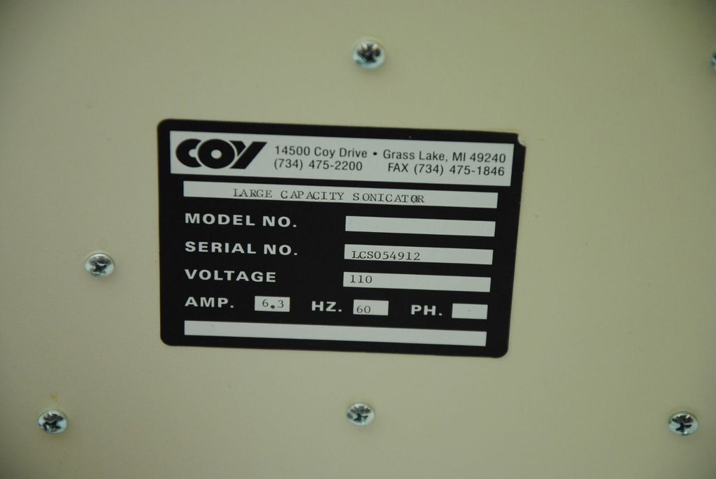 Coy Labratory Products Inc. Large Capacity Sonicator, 110V, 6.3A, 60Hz