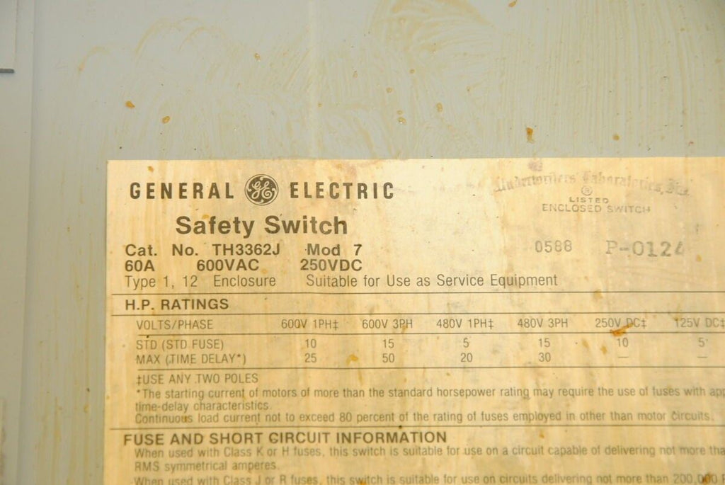 GE TH3362J Disconnect Switch, 600VAC, 250VDC, 60A