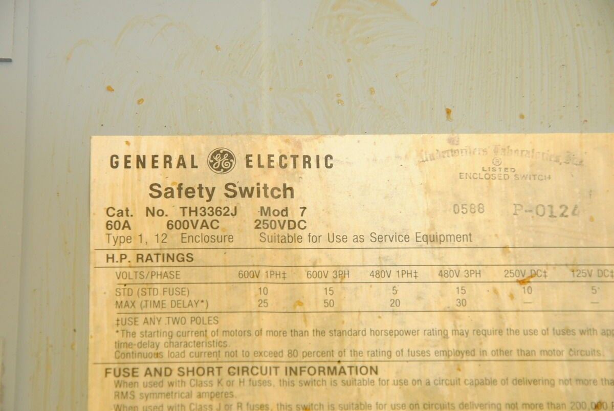 GE TH3362J Disconnect Switch, 600VAC, 250VDC, 60A