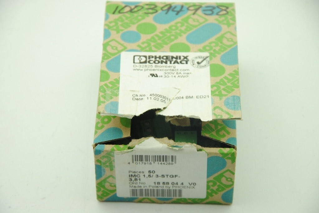 PHOENIX CONTACT IMC 1,5/3-STGF-3,81 #1858044, Term Block Plugs, 3Pos 50-Pieces