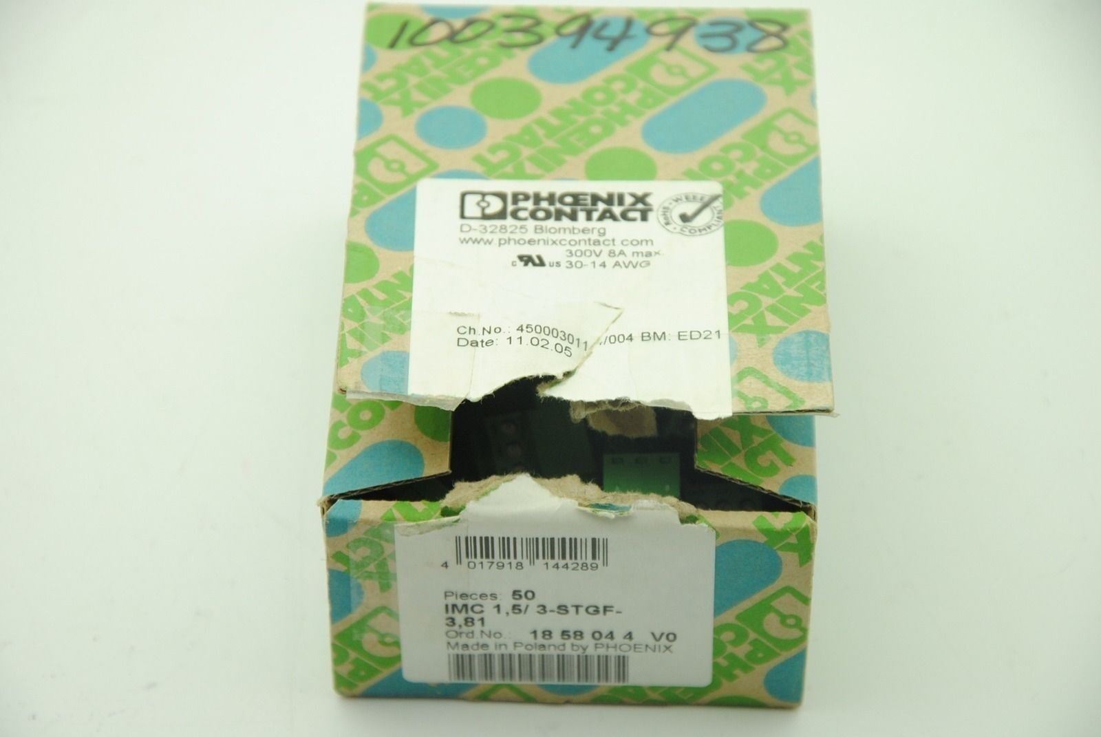 PHOENIX CONTACT IMC 1,5/3-STGF-3,81 #1858044, Term Block Plugs, 3Pos 50-Pieces