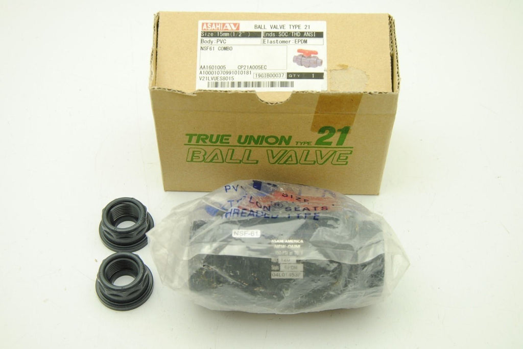 AsahiAV Type 21, 1/2" Ball Valve, PVC, EPDM, SOC/THD ANNSI, New