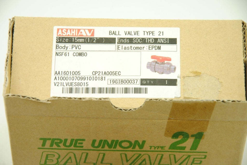 AsahiAV Type 21, 1/2" Ball Valve, PVC, EPDM, SOC/THD ANNSI, New