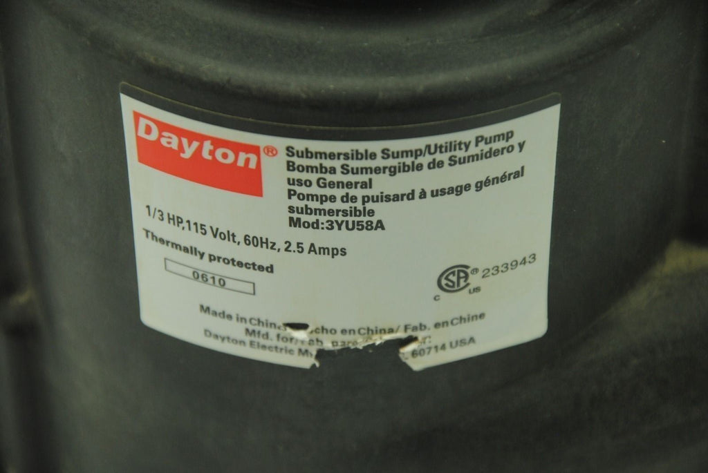 DAYTON 3YU58A Submersible Sump/Utility Pump 1/3 HP 115V 60Hz 2.5A