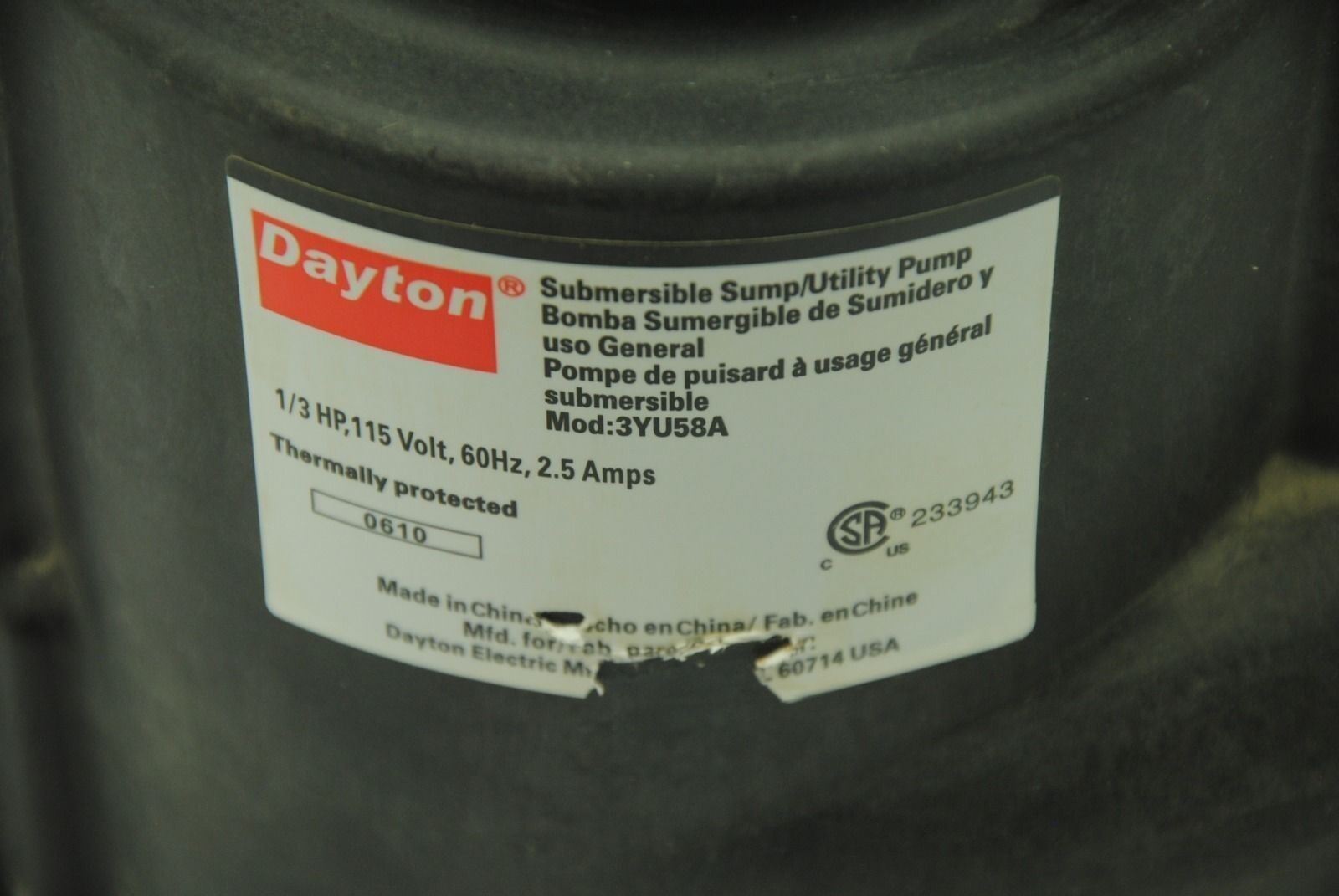 DAYTON 3YU58A Submersible Sump/Utility Pump 1/3 HP 115V 60Hz 2.5A