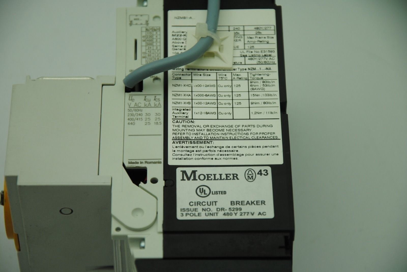 MOELLER NZMB1-A, 3-Pole 50A Circuit Breaker 480Y 277V AC w/ EATON Switch