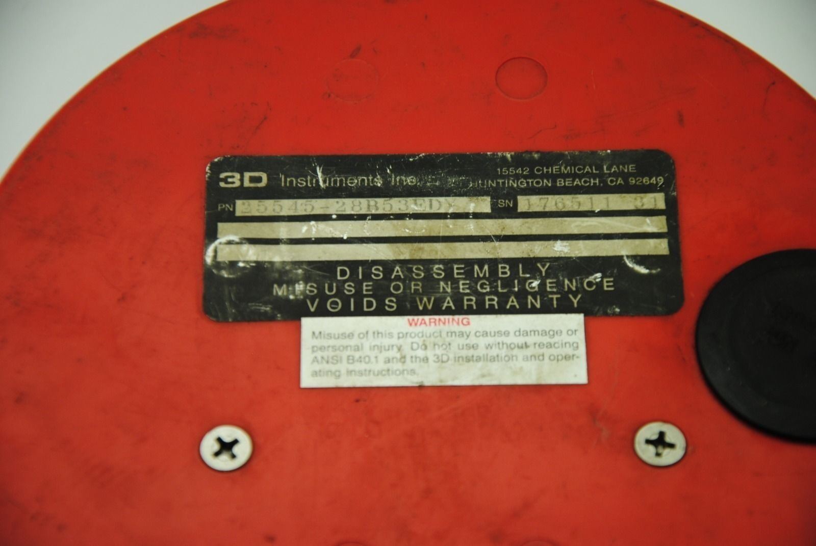 3D Instruments 25545-28B53EDY Pressure Test Gauge, 600PSI, 6.5"