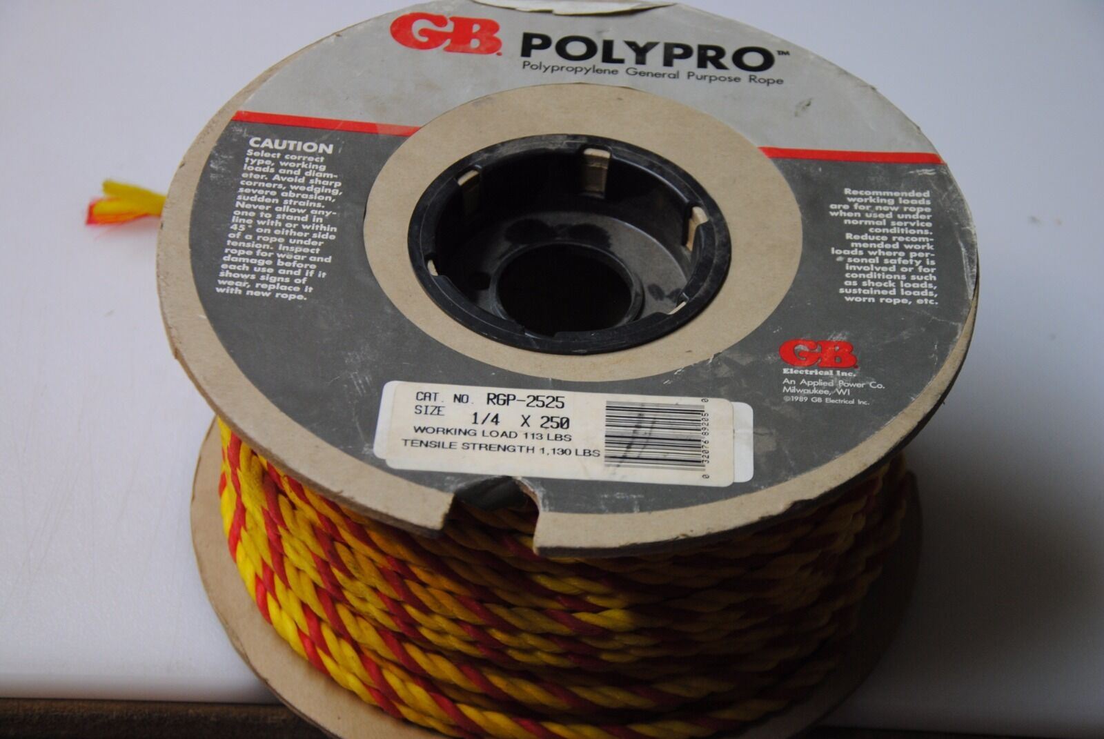 GB Polypro Polypropylene Rope 1/4" x 250 ft. Yellow with Red Stripe RGP2525
