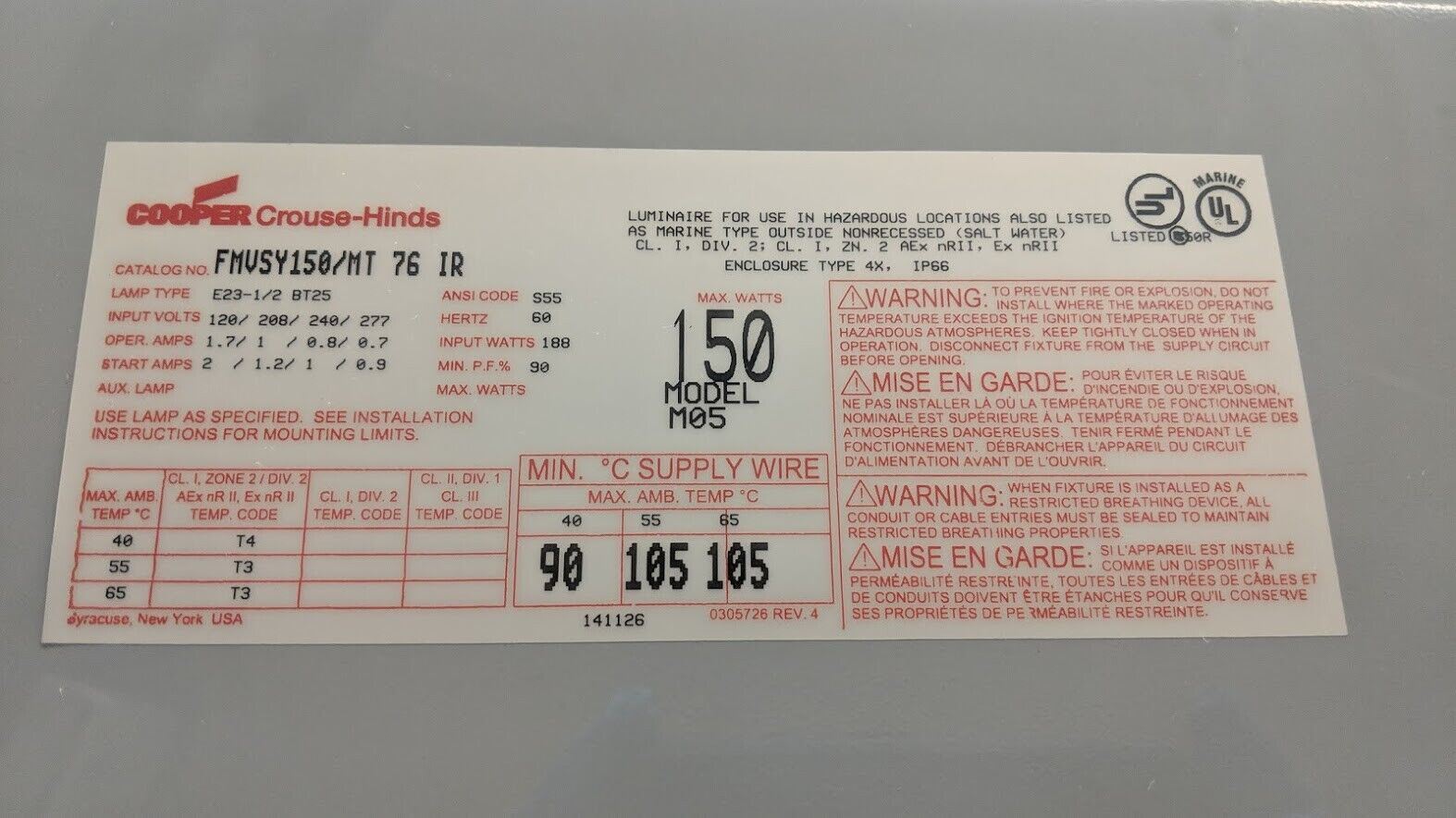 Cooper Crouse-Hinds FMVSY150/MT 76 Industrial Hazardous Location Light Fixture