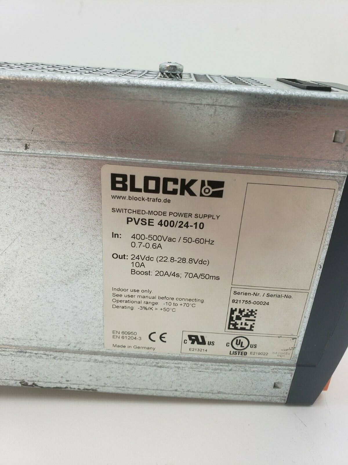 Block PVSE 400/24-10 AC/DC DIN Rail Power Supply 400-500 VAC IN 24VDC 10A Out
